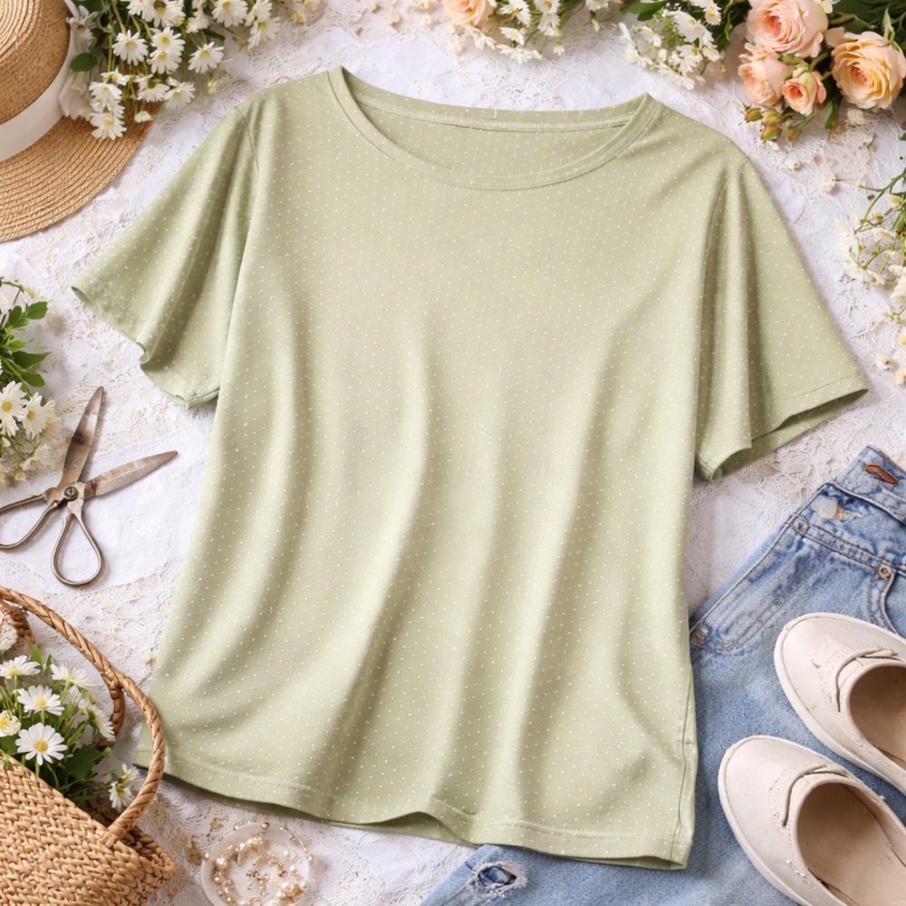 CJ Banks 3X Sage Green Polka Dot Cotton Tee Plus Size Short Sleeve
